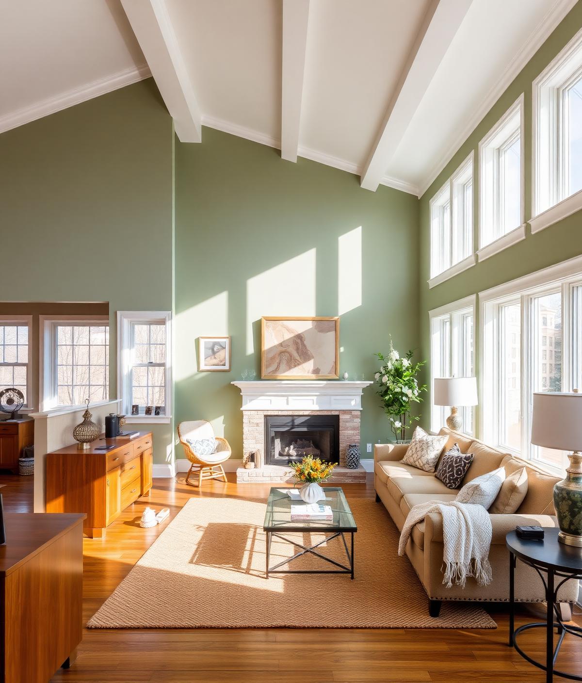 Sage green accent wall with white trim in a sunlit residential living room